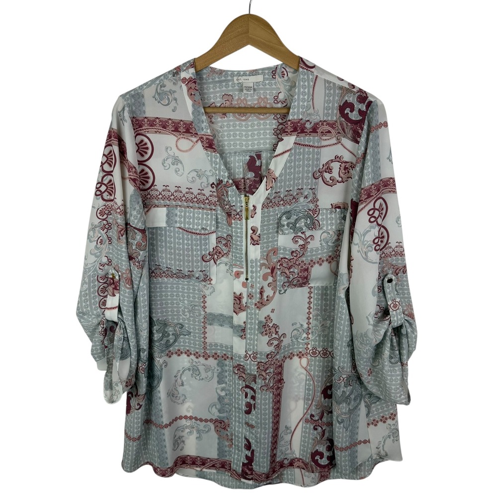 Cato Est 1946 Baroque Paisley Half Zip Blouse Size 14/16W Boho Lightweight Sheer